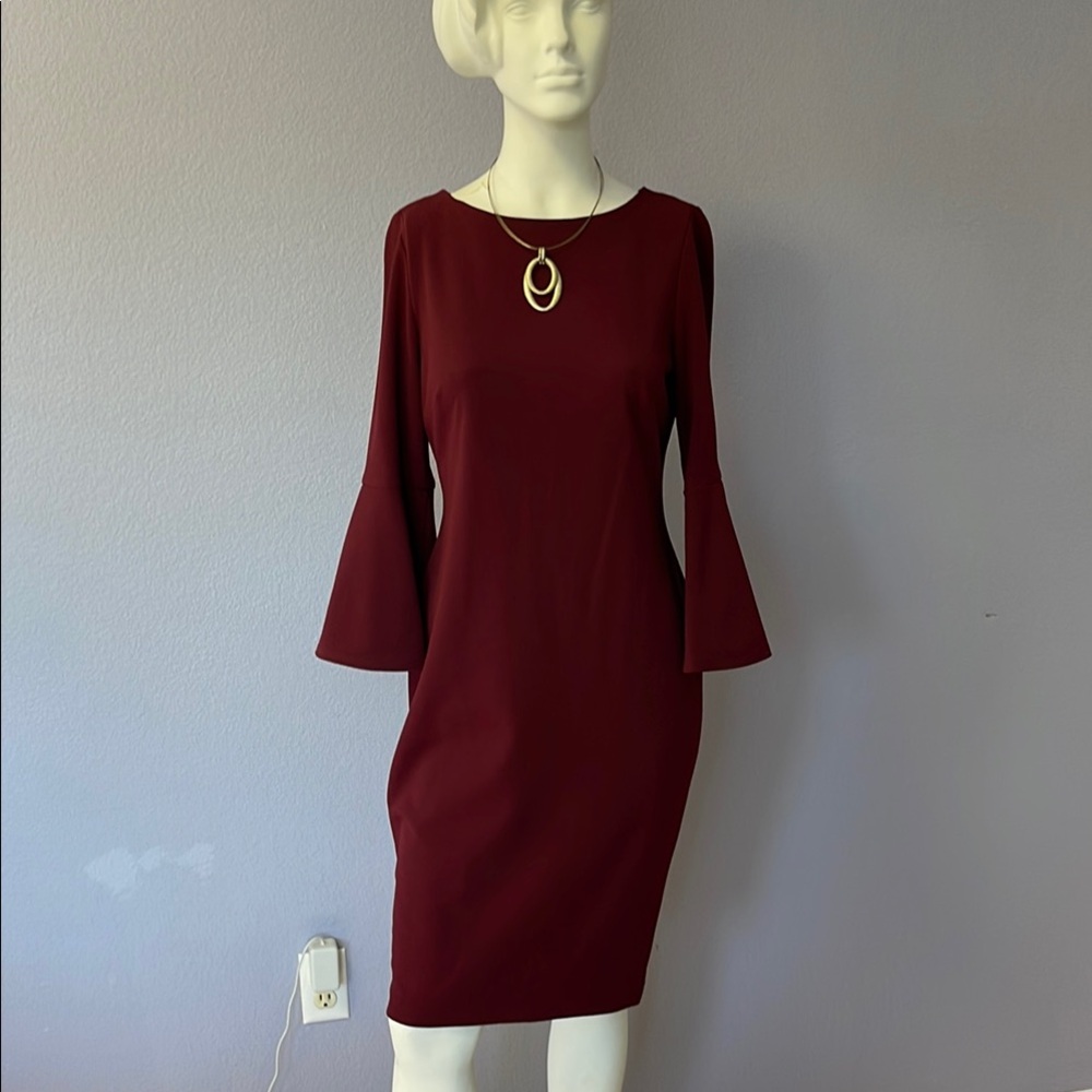 Calvin Klein Red Sheath Dress with Bell Sleeves